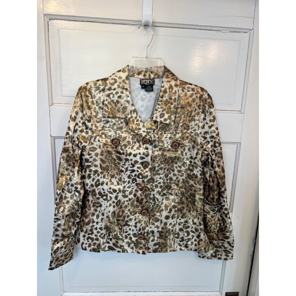 Berek 2 Gold Animal Print Rhinestone Button Jacket Medium Linen Blend Lined